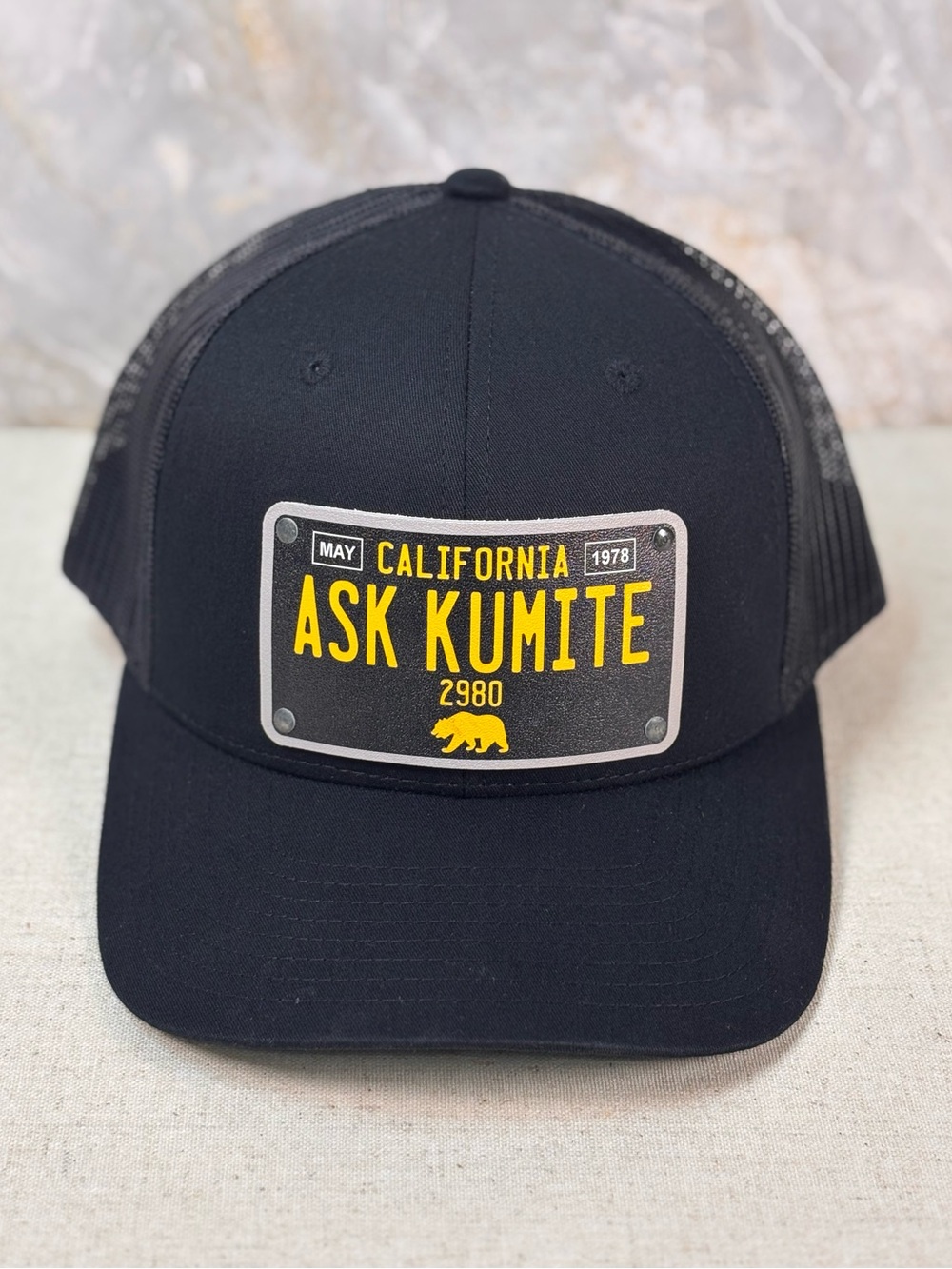 Ask Kumite California License Plate Patch Trucker Hat Black Snapback Cap